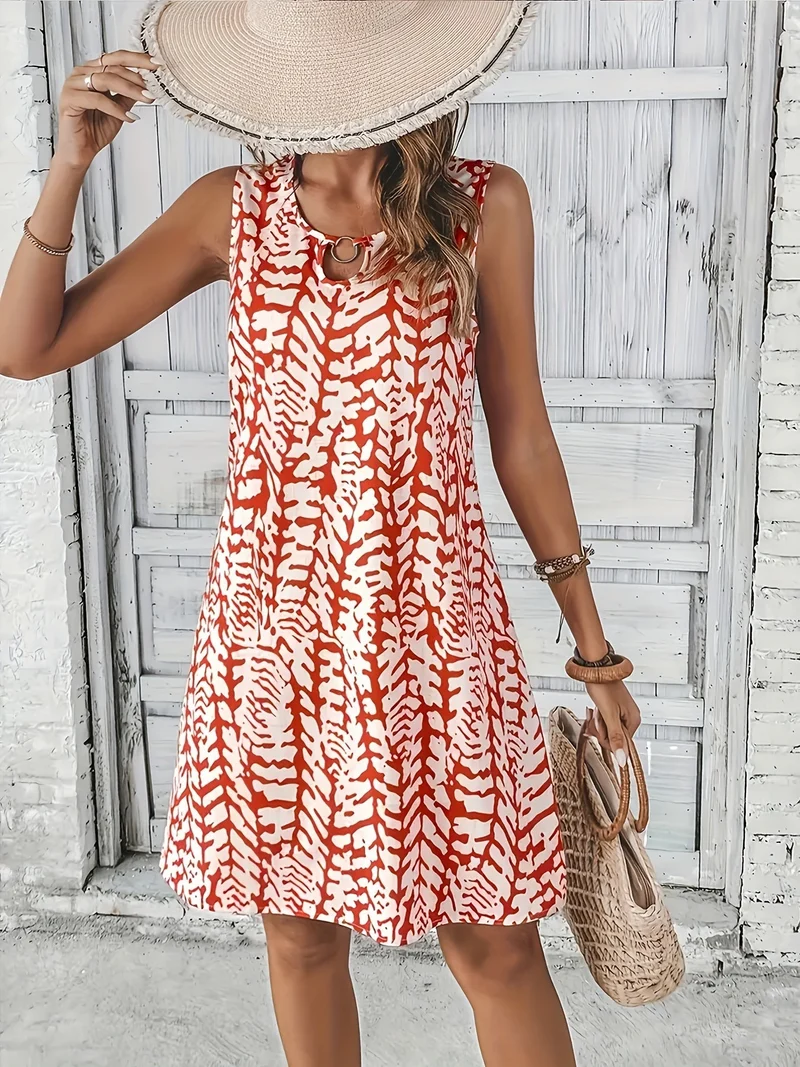 Drune | Sommerkleid mit Print Ohne Ärmel, V-Ausschnitt, A-Linie, Leicht und Elegant