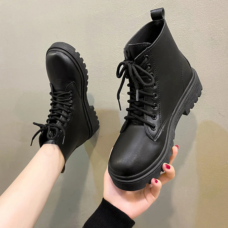 Damen Schnür-Biker-Ankleboots mit Plateau-Profilebene Drune