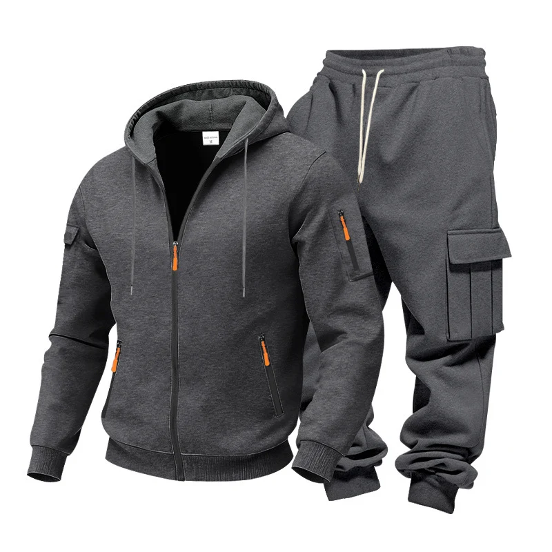 Herren Funktionales Cargo-Sweatset mit Kapuzenjacke und Mehrfachtaschen-Jogger Drune