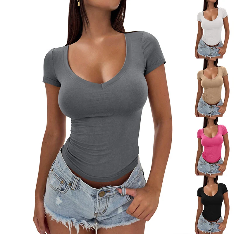 Damen figurbetontes V-Ausschnitt T-Shirt aus hochwertiger Baumwolle Drune