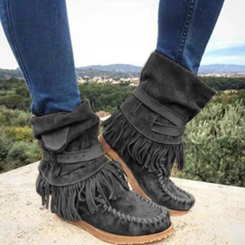 Damen Mokassin-Stiefel mit fransigen Details und modischer Schnalle Drune