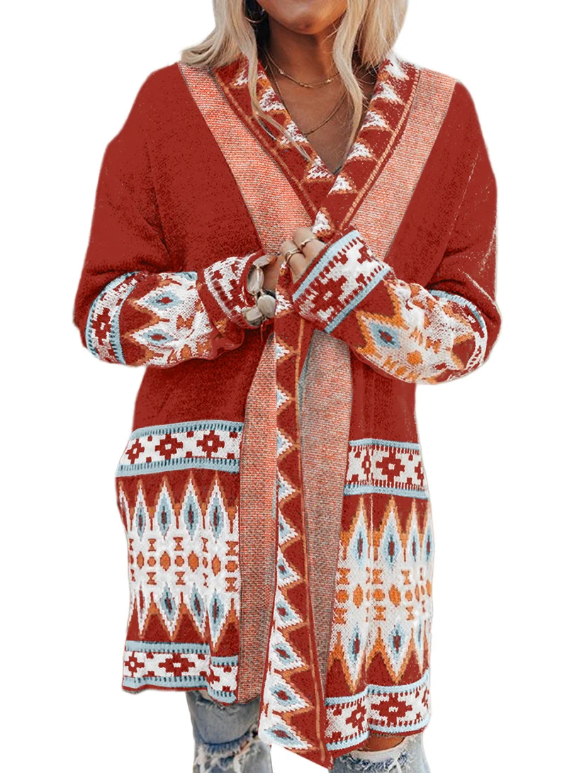 Damen Langarm-Strickjacke mit geometrischem Muster und offenen Taschen Drune