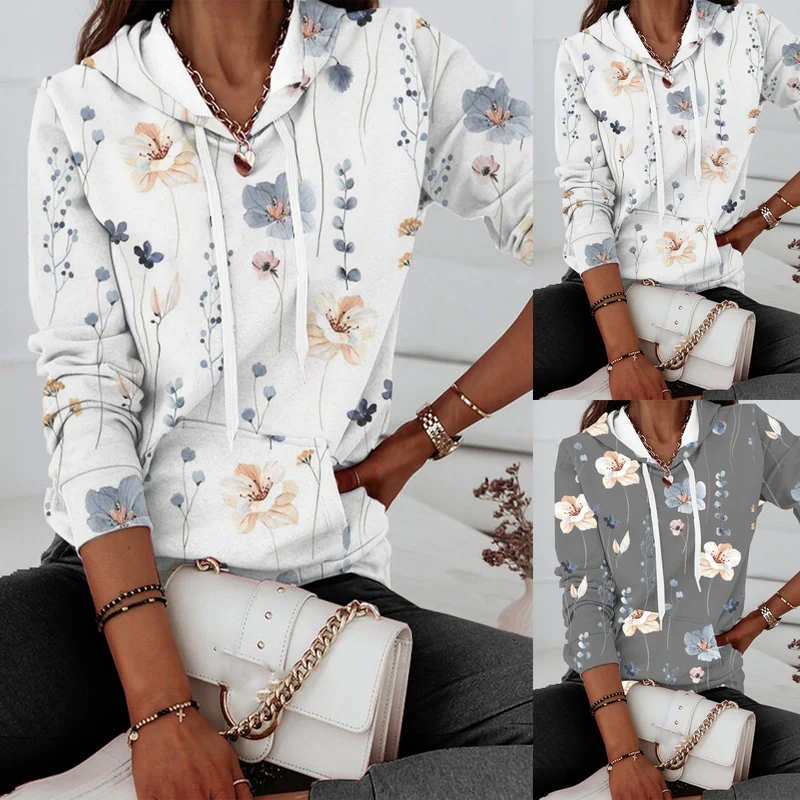 Damen Kapuzenpullover mit floralem Print und Kängurutasche Drune
