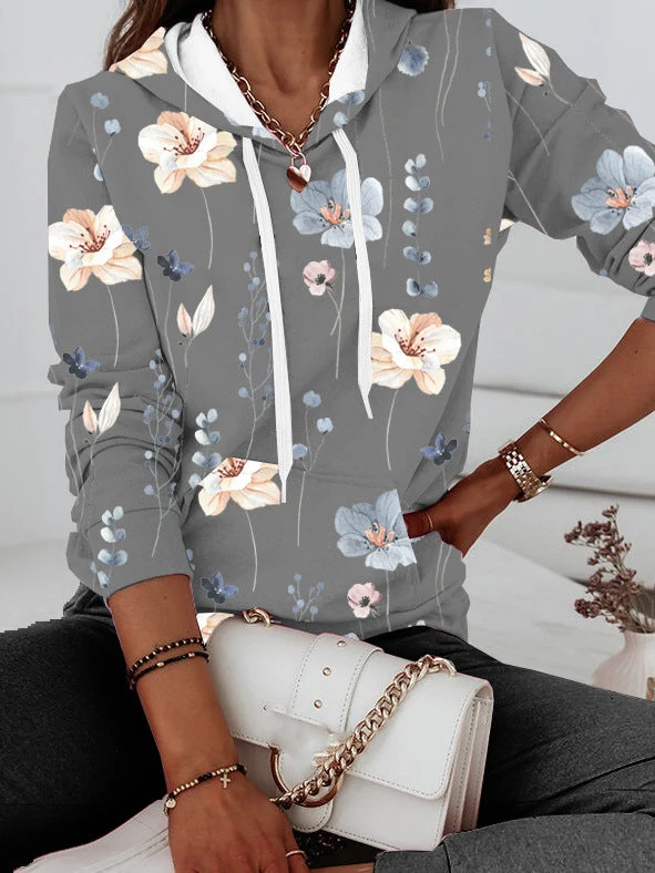 Damen Kapuzenpullover mit floralem Print und Kängurutasche Drune