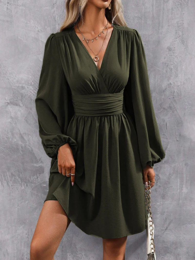 Damen Knielanges Wickelkleid mit eleganten Puffärmeln Drune