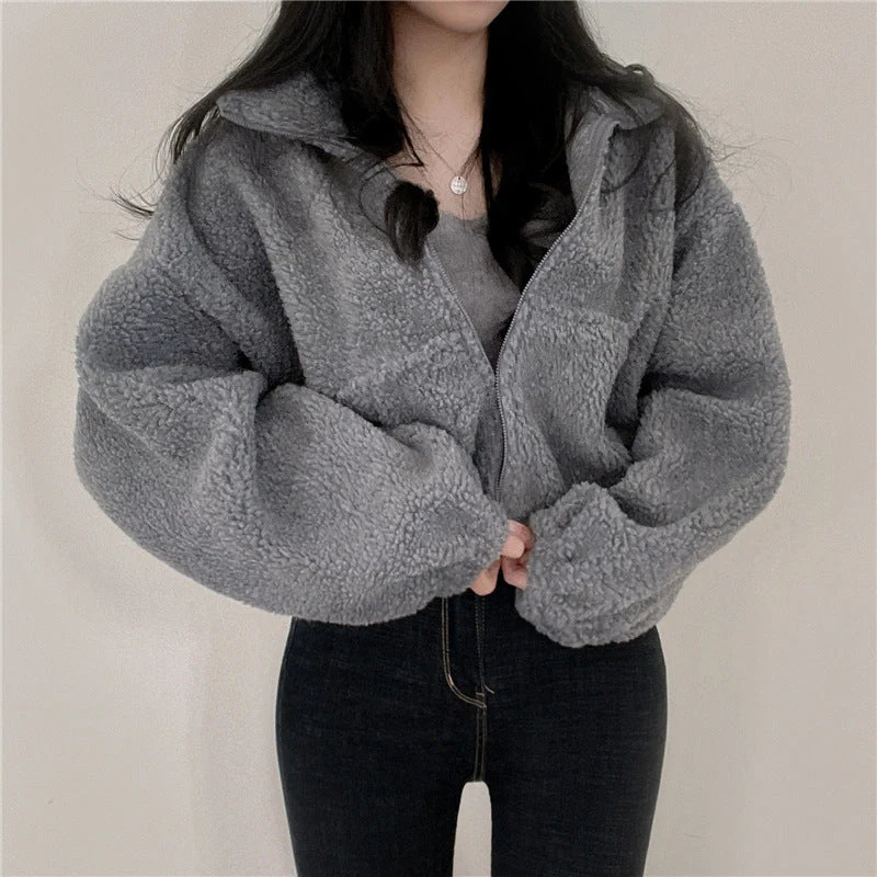 Damen kuschelige Fleece-Jacke mit hohem Kragen und Reißverschluss Drune
