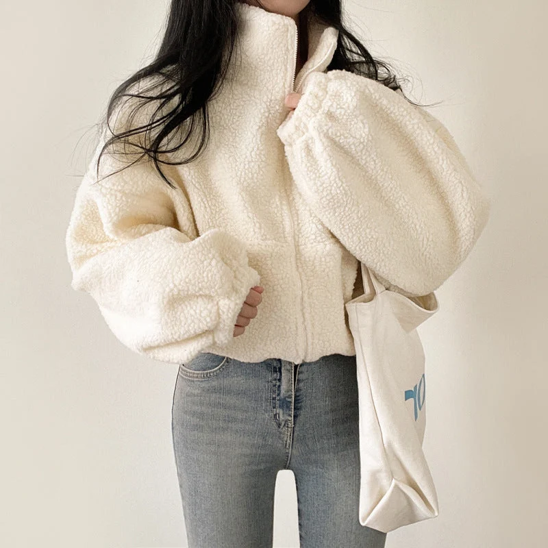 Damen kuschelige Fleece-Jacke mit hohem Kragen und Reißverschluss Drune