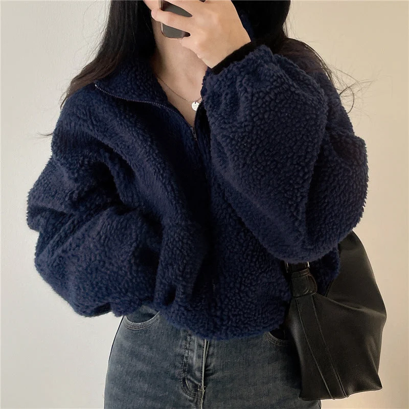 Damen kuschelige Fleece-Jacke mit hohem Kragen und Reißverschluss Drune