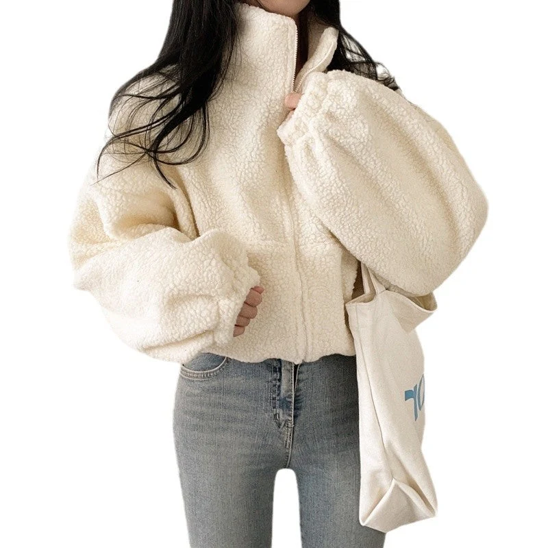 Damen kuschelige Fleece-Jacke mit hohem Kragen und Reißverschluss Drune