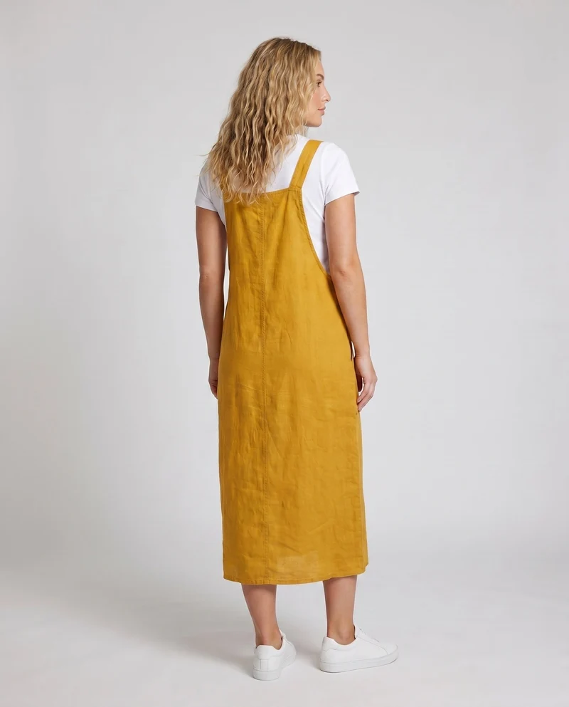 Damen Leinen-Latzkleid mit praktischen Taschen und verstellbaren Trägern