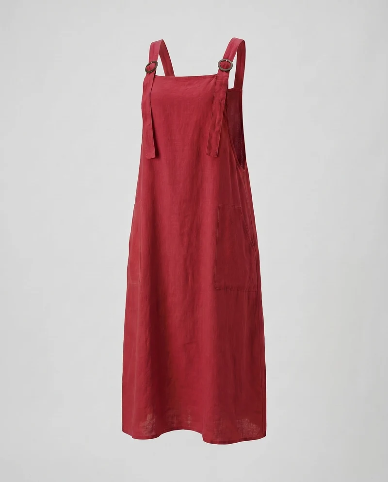 Damen Leinen-Latzkleid mit praktischen Taschen und verstellbaren Trägern