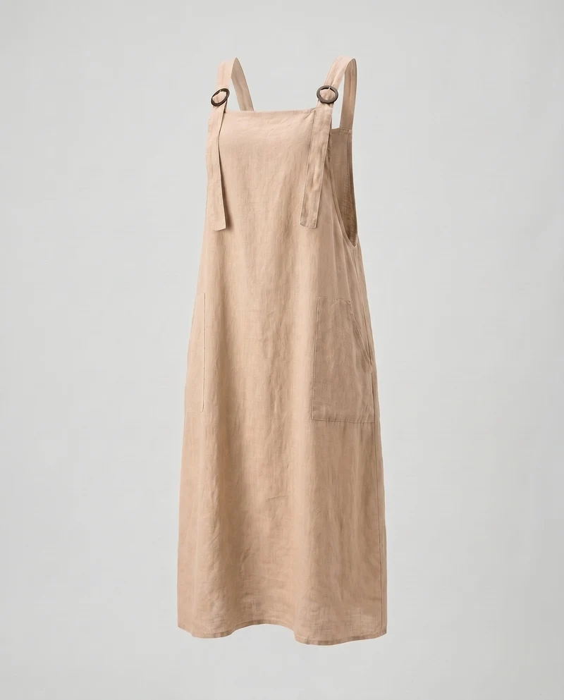 Damen Leinen-Latzkleid mit praktischen Taschen und verstellbaren Trägern