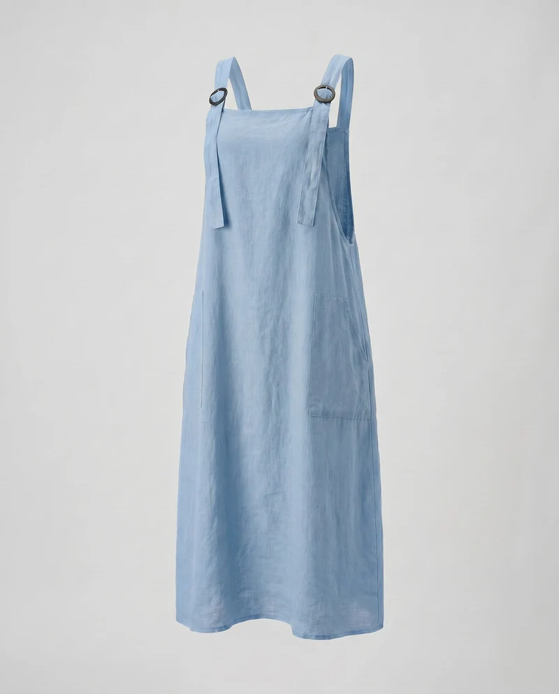 Damen Leinen-Latzkleid mit praktischen Taschen und verstellbaren Trägern