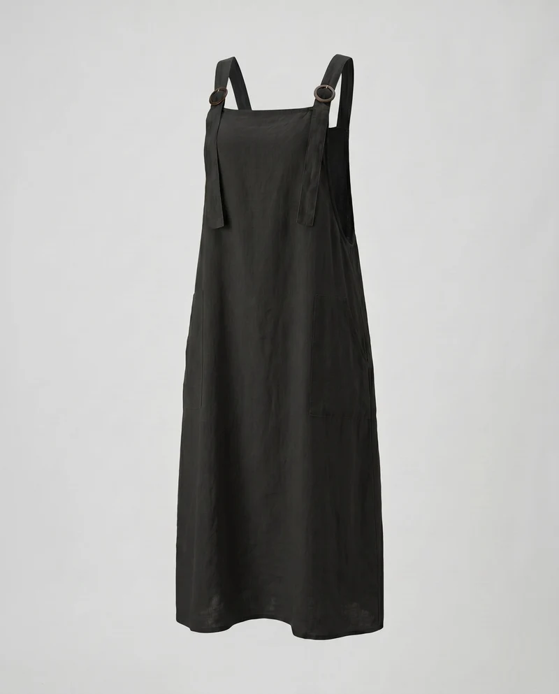 Damen Leinen-Latzkleid mit praktischen Taschen und verstellbaren Trägern
