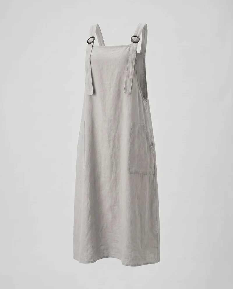 Damen Leinen-Latzkleid mit praktischen Taschen und verstellbaren Trägern