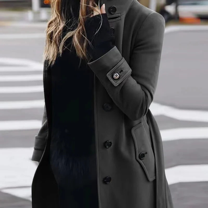 Damen Doppelreihiger Trenchcoat mit hohem Stehkragen, Taillengürtel und Manschetten-Detail Drune