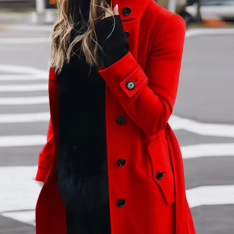 Damen Doppelreihiger Trenchcoat mit hohem Stehkragen, Taillengürtel und Manschetten-Detail Drune