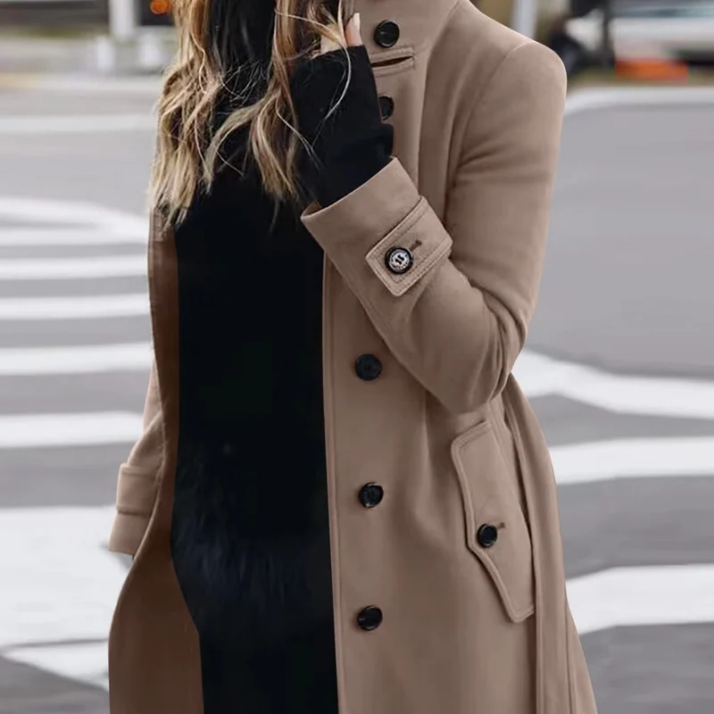 Damen Doppelreihiger Trenchcoat mit hohem Stehkragen, Taillengürtel und Manschetten-Detail Drune