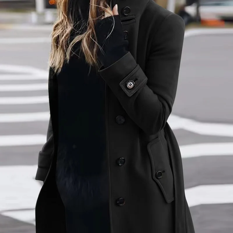 Damen Doppelreihiger Trenchcoat mit hohem Stehkragen, Taillengürtel und Manschetten-Detail Drune