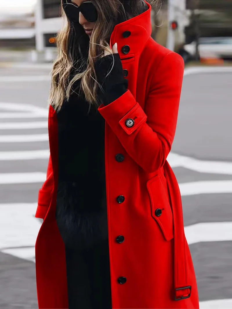 Damen Doppelreihiger Trenchcoat mit hohem Stehkragen, Taillengürtel und Manschetten-Detail Drune