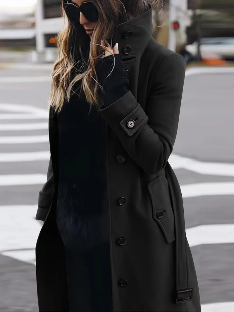 Damen Doppelreihiger Trenchcoat mit hohem Stehkragen, Taillengürtel und Manschetten-Detail Drune