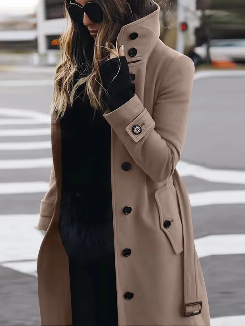 Damen Doppelreihiger Trenchcoat mit hohem Stehkragen, Taillengürtel und Manschetten-Detail Drune