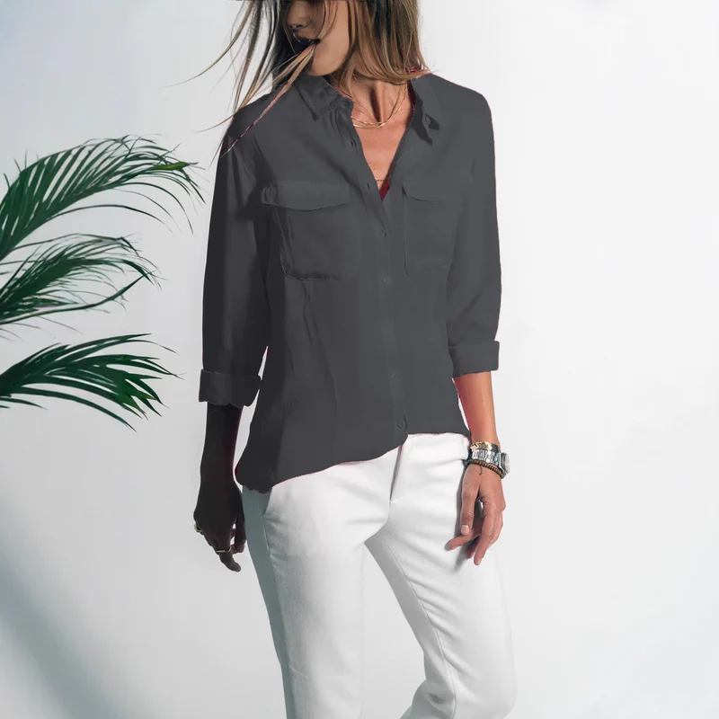 Damen Leichtes Hemd Bluse mit Brusttaschen und Lockerer Passform Drune