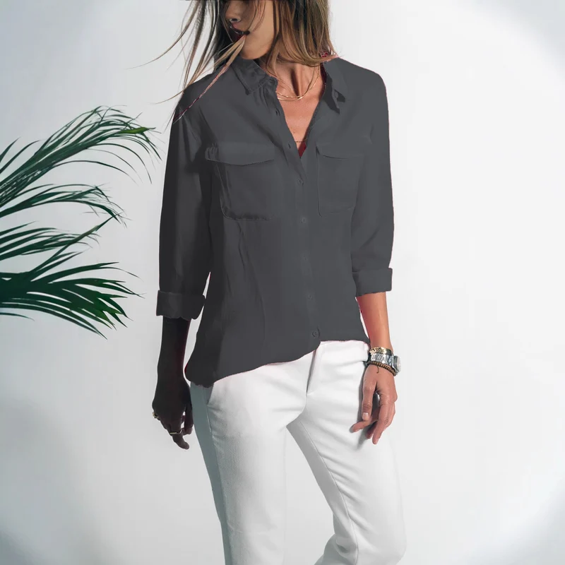 Damen Leichtes Hemd Bluse mit Brusttaschen und Lockerer Passform Drune