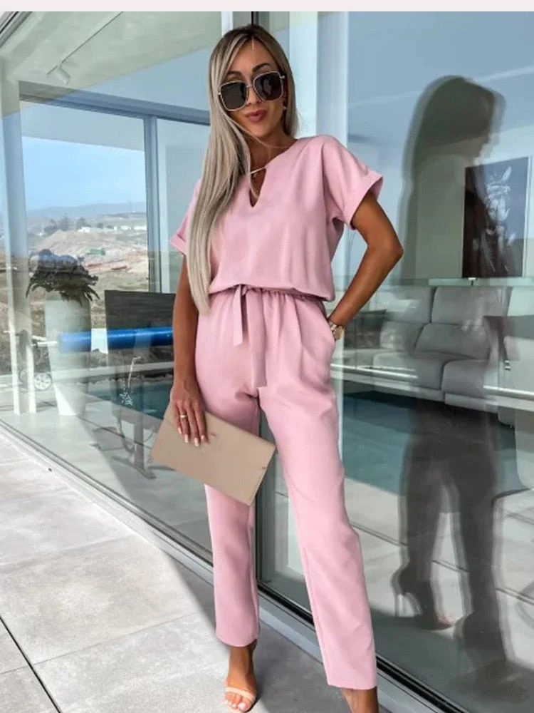 Drune | Eleganter Jumpsuit mit kurzen Ärmeln und Gürtel
