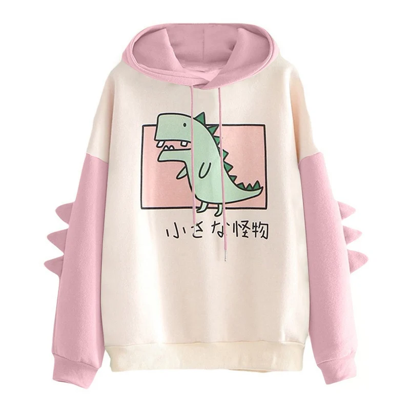 Damen nan weiter Kapuzenpullover mit dreidimensionalen Rückenstacheln und niedlichem Dino-Print Drune