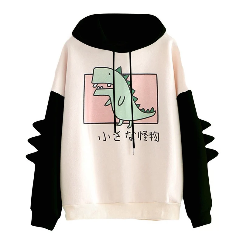 Damen nan weiter Kapuzenpullover mit dreidimensionalen Rückenstacheln und niedlichem Dino-Print Drune