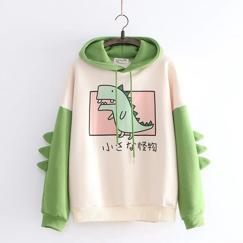Damen nan weiter Kapuzenpullover mit dreidimensionalen Rückenstacheln und niedlichem Dino-Print Drune