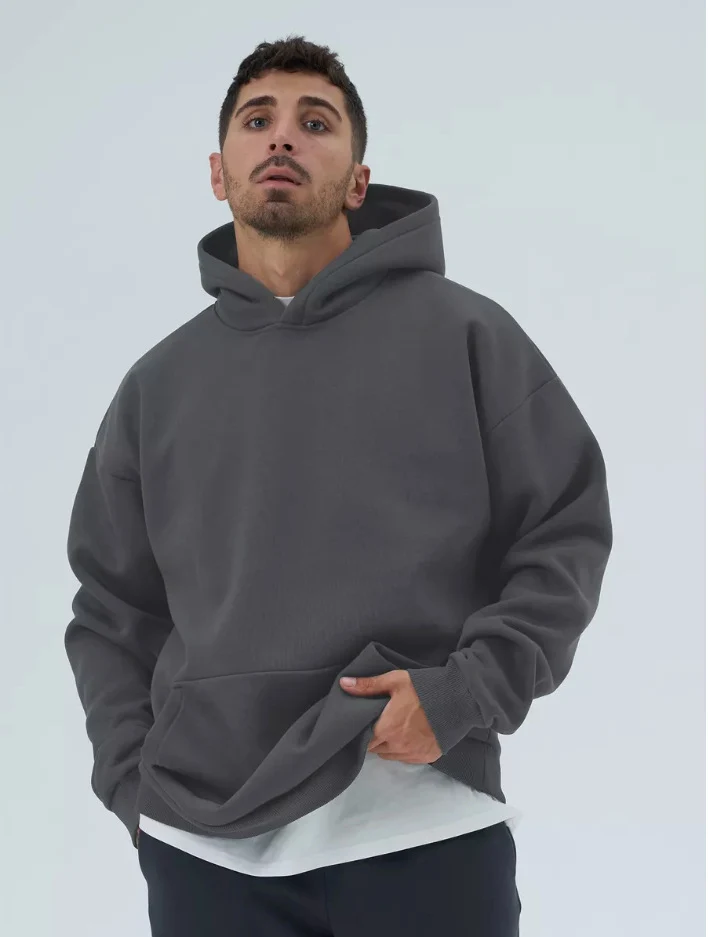 Herren nan schwerer Fleece-Boxy-Hoodie mit tiefem Schulterfall verstärkter Kapuze und Kängurutasche Drune