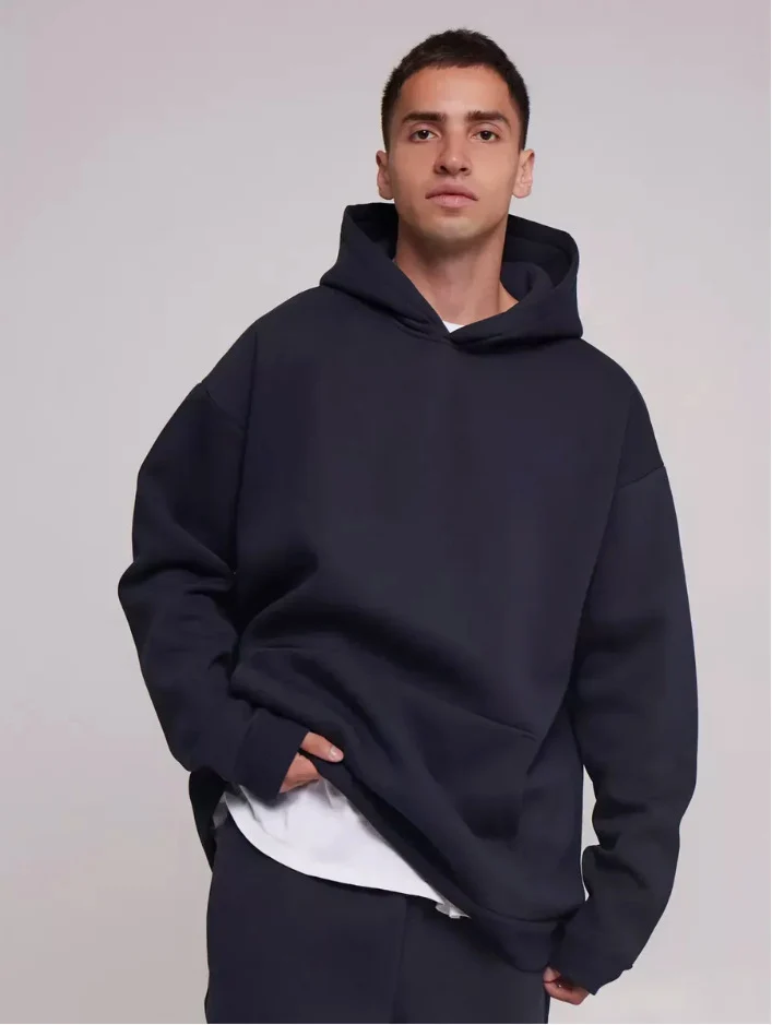 Herren nan schwerer Fleece-Boxy-Hoodie mit tiefem Schulterfall verstärkter Kapuze und Kängurutasche Drune
