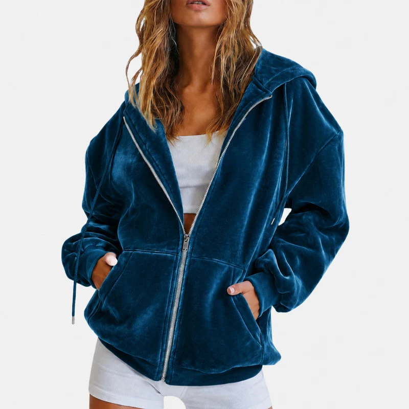 Damen Oversize Velours-Kapuzenjacke mit Reißverschluss Drune