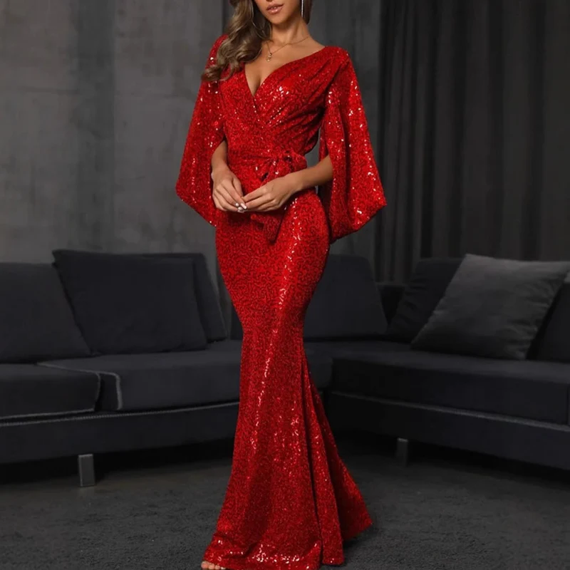 Damen Elegantes Abendkleid mit Pailletten und tiefem V-Ausschnitt Drune