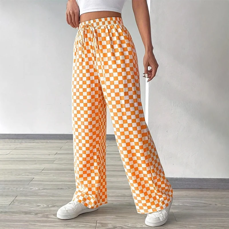 Damen Weite Freizeithose mit kariertem Muster und elastischem Bund Drune