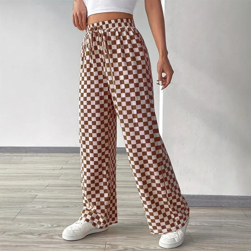 Damen Weite Freizeithose mit kariertem Muster und elastischem Bund Drune