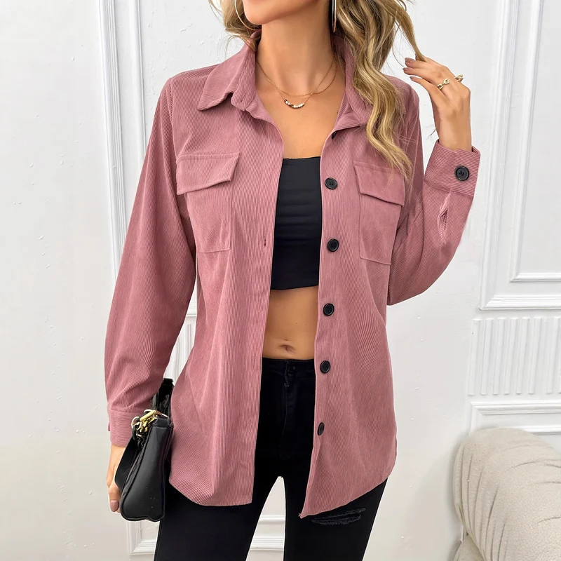 Damen lässige Cordjacke mit praktischen Taschen und Knopfverschluss Drune