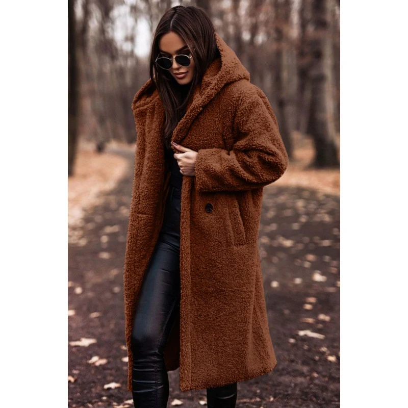 Damen kuscheliger Fleece-Mantel mit Kapuze und praktischen Taschen Drune