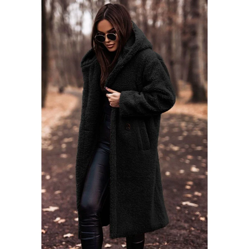 Damen kuscheliger Fleece-Mantel mit Kapuze und praktischen Taschen Drune