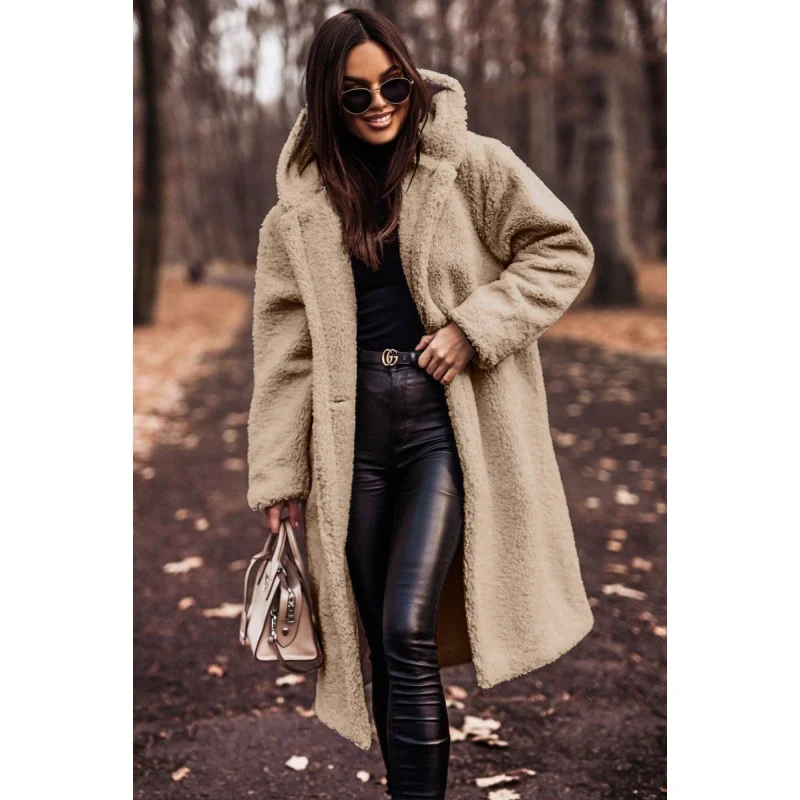 Damen kuscheliger Fleece-Mantel mit Kapuze und praktischen Taschen Drune