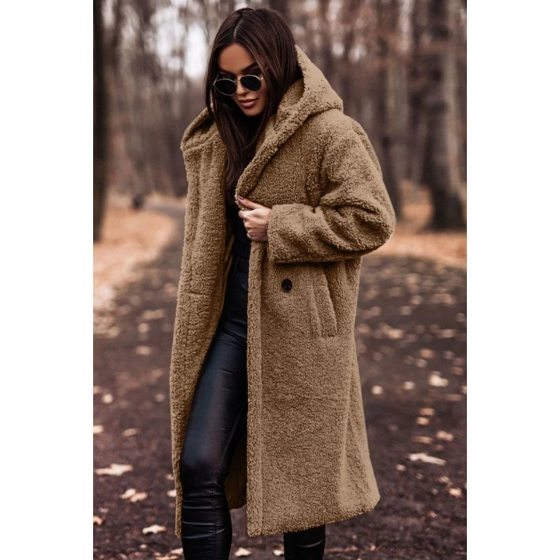 Damen kuscheliger Fleece-Mantel mit Kapuze und praktischen Taschen Drune