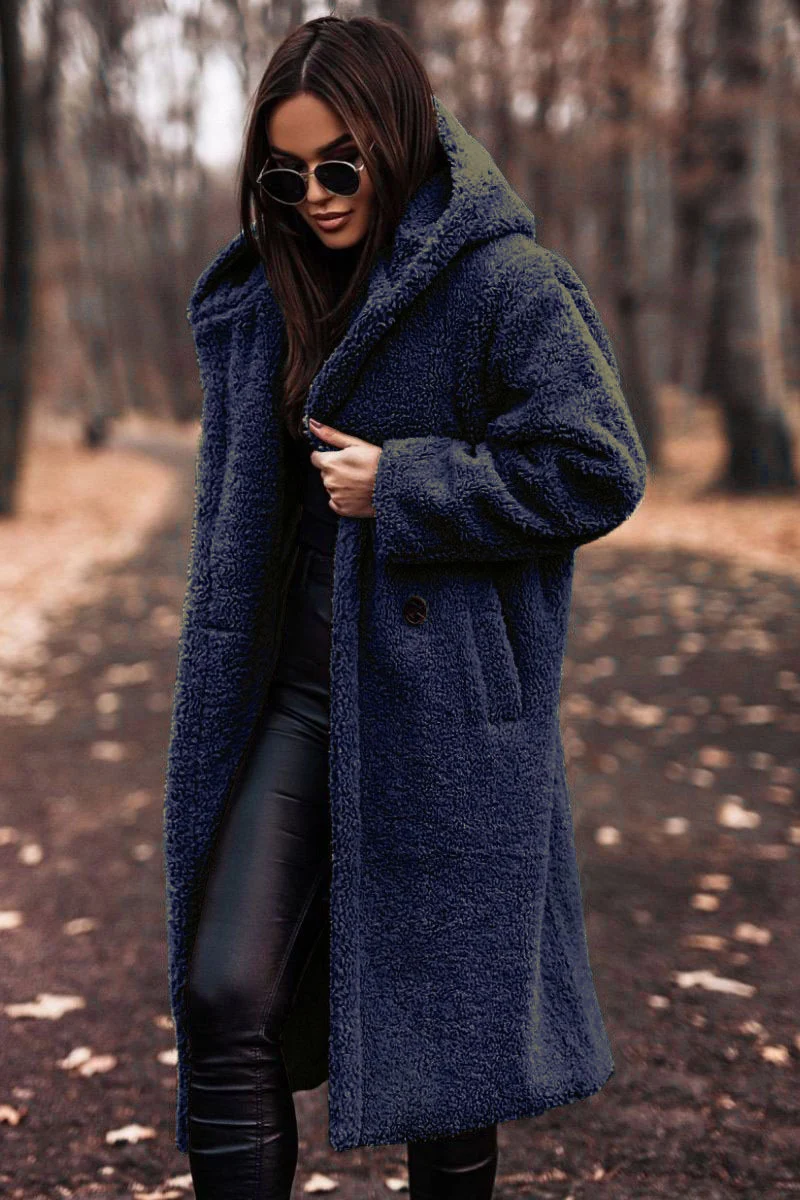 Damen kuscheliger Fleece-Mantel mit Kapuze und praktischen Taschen Drune