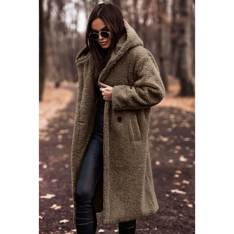Damen kuscheliger Fleece-Mantel mit Kapuze und praktischen Taschen Drune