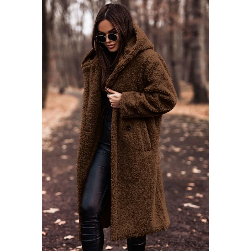 Damen kuscheliger Fleece-Mantel mit Kapuze und praktischen Taschen Drune
