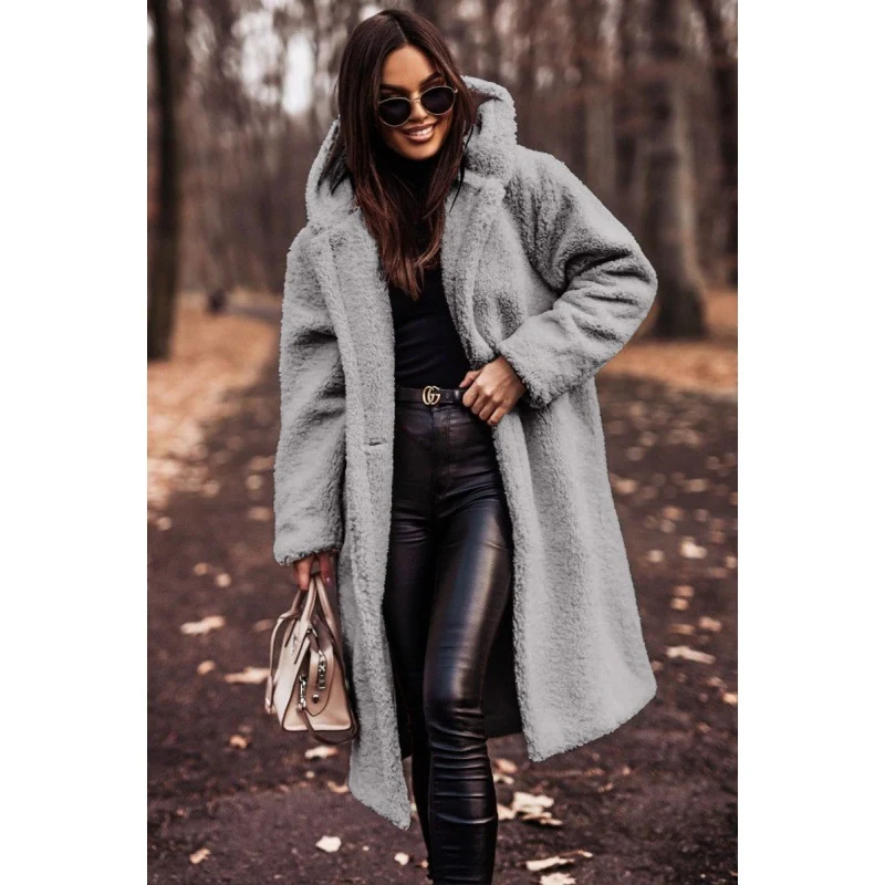 Damen kuscheliger Fleece-Mantel mit Kapuze und praktischen Taschen Drune