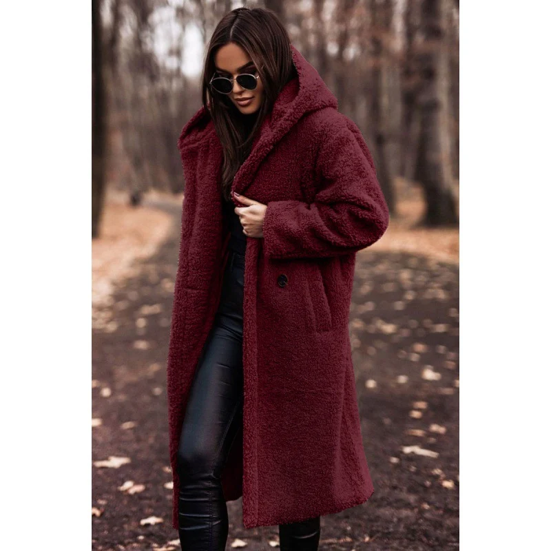 Damen kuscheliger Fleece-Mantel mit Kapuze und praktischen Taschen Drune