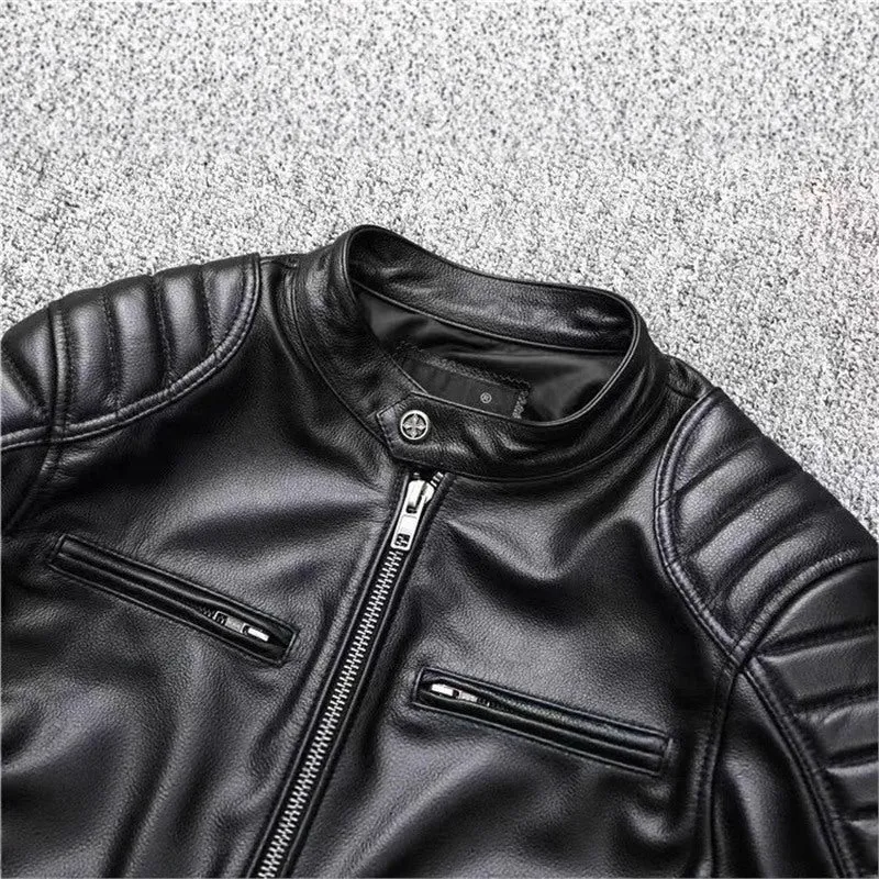 Herren Vintage Biker-Lederjacke mit Stehkragen und gesteppter Schulterpolsterung Drune