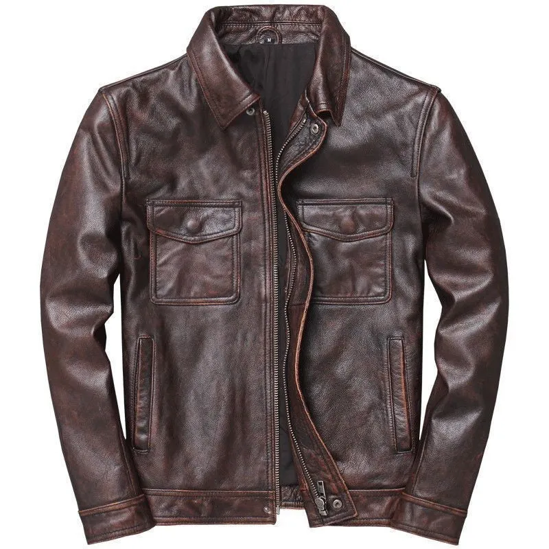 Herren Vintage Biker-Lederjacke mit Stehkragen und gesteppter Schulterpolsterung Drune